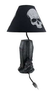Shadows of Twilight Skeleton in a Coffin Table Lamp - With Black Fabric Skull Print Shade - Creepy Bedroom or Living Room