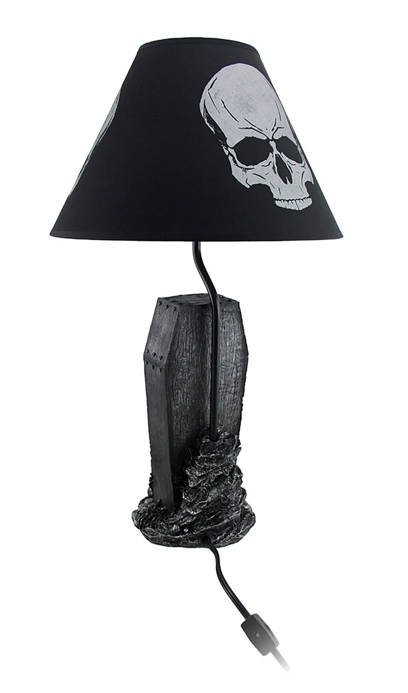 Shadows of Twilight Skeleton in a Coffin Table Lamp - With Black Fabric Skull Print Shade - Creepy Bedroom or Living Room