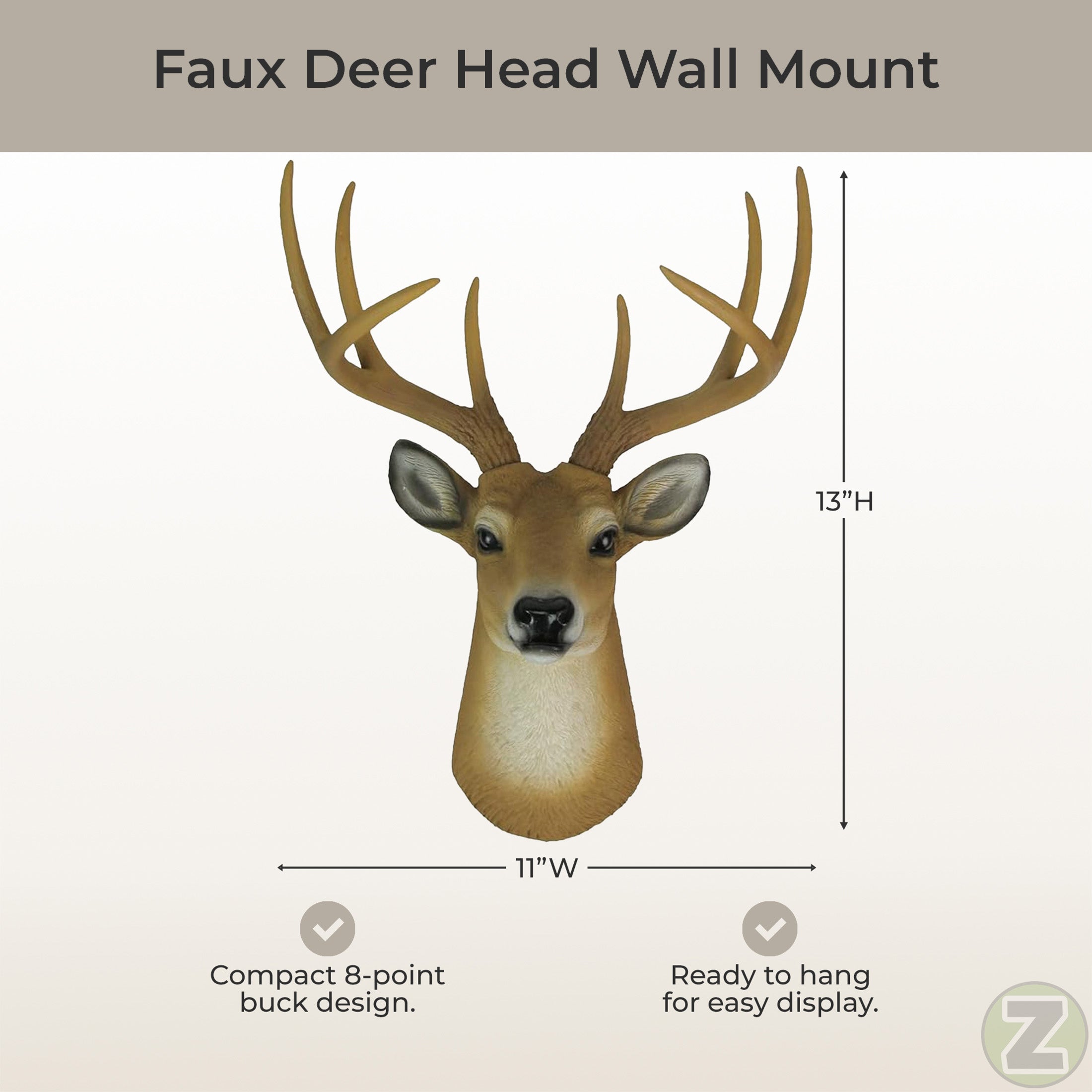 Faux Deer Head Wall Mount, 14 Inch Whitetail Buck Trophy, Lodge