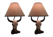 Pair of Cast Resin Cow Skull Lamps for Ranch-style Living: Set of 2 Table Lamps with 8-Inch Fabric Shades, Perfect for Rustic