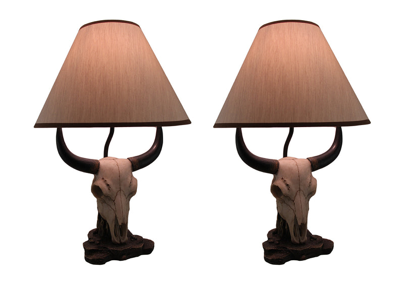 Pair of Cast Resin Cow Skull Lamps for Ranch-style Living: Set of 2 Table Lamps with 8-Inch Fabric Shades, Perfect for Rustic
