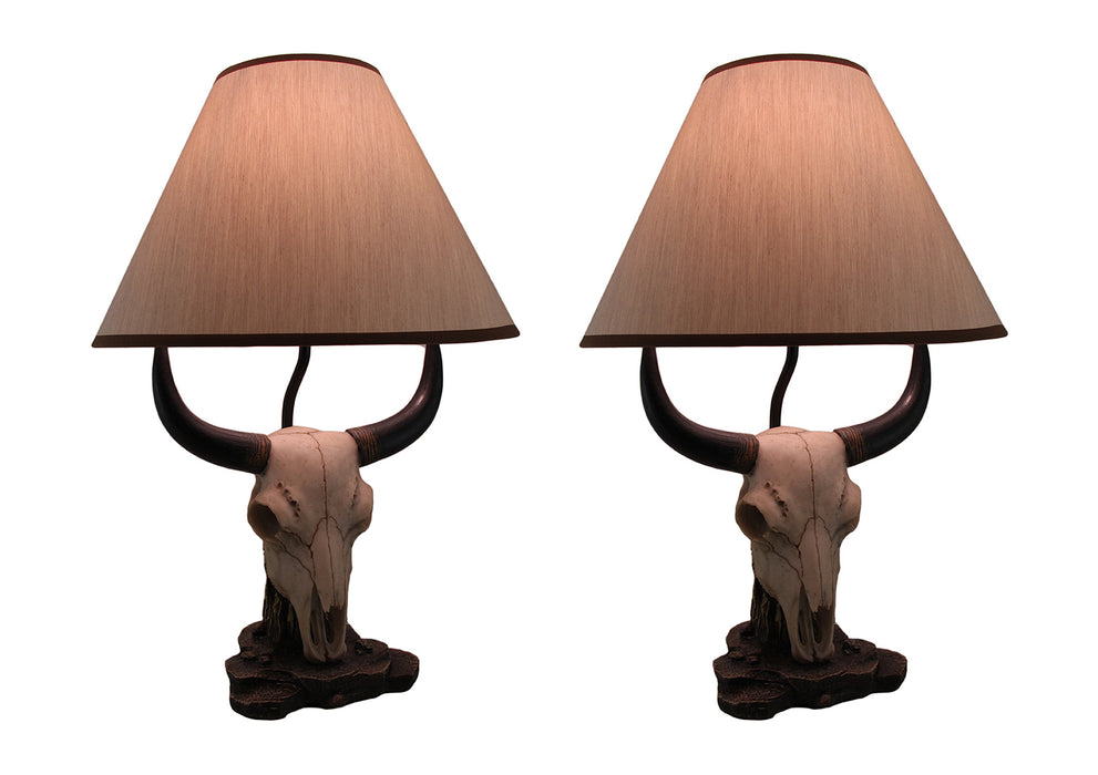 Set of 2 Cattle Ranch Bovine Cow Skull Decorative Table Lamps with Fabric Shades Image 1