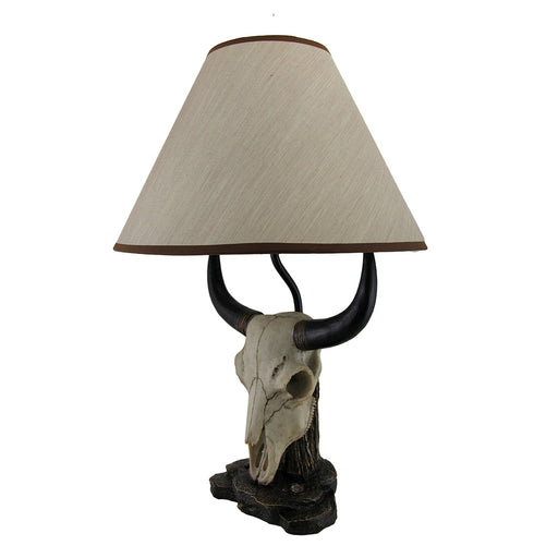 Bull Skull Table Lamp, 19.5 Inch Weathered Resin with Beige Fabric Shade Image 2