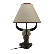 Pair of Cast Resin Cow Skull Lamps for Ranch-style Living: Set of 2 Table Lamps with 8-Inch Fabric Shades, Perfect for Rustic