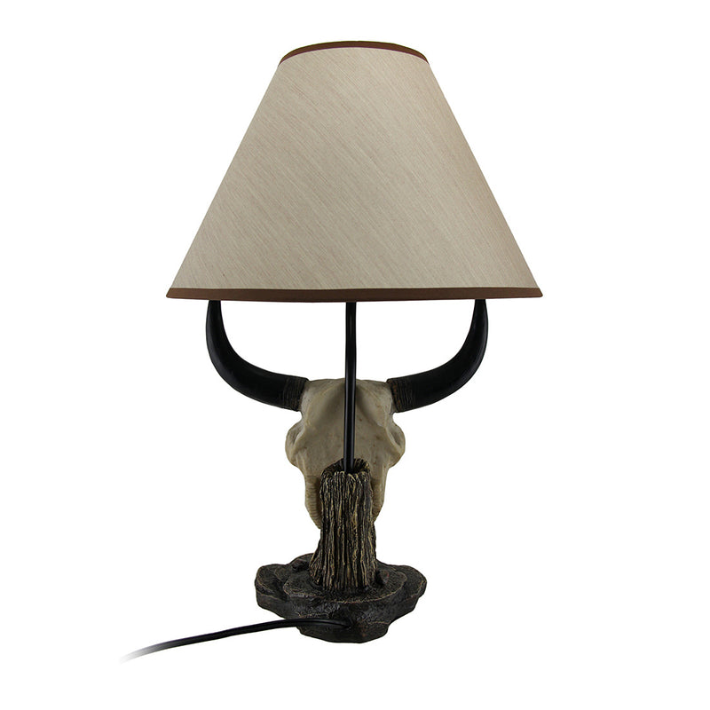 Pair of Cast Resin Cow Skull Lamps for Ranch-style Living: Set of 2 Table Lamps with 8-Inch Fabric Shades, Perfect for Rustic