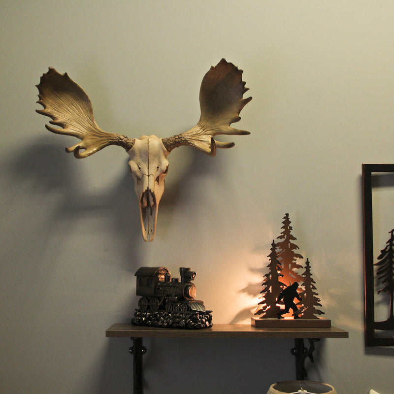 Large Lifelike Bull Moose Skull Hanging Wildlife Decor Statue - Intricately Sculpted, Hand-Painted Faux Taxidermy Art,
