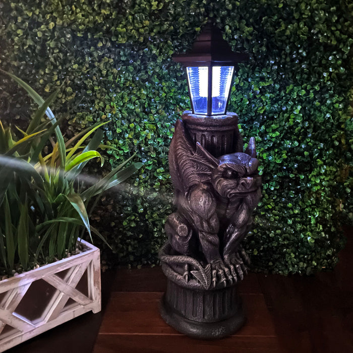 Glowing Grimace Guardian Gargoyle LED Solar Light - Majestic Gothic Decor Garden Statue - 20 Inches High - Adding Mystical