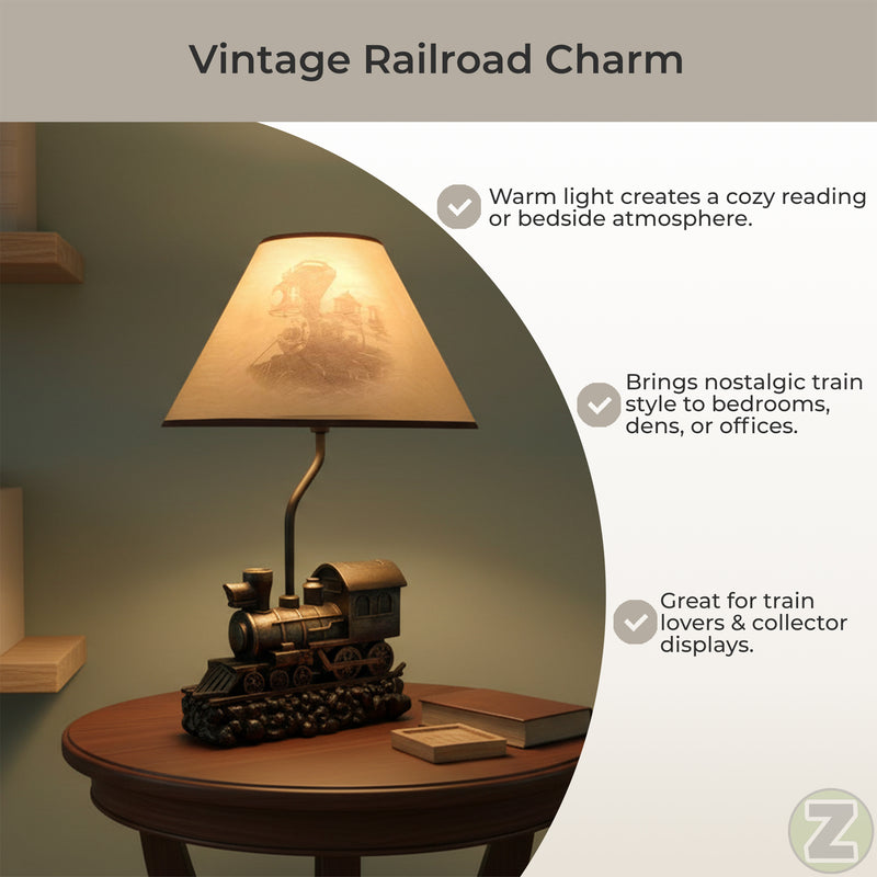 "Light in the Tunnel" Vintage Steam Engine Train Table Lamp with Shade - Rustic Railroad Locomotive Nightstand Light with