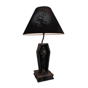 22-Inch Dark Dawning Vampire in Coffin Black Table Lamp - A Gothic Masterpiece with Eerie Charm and Bat Silhouette Fabric