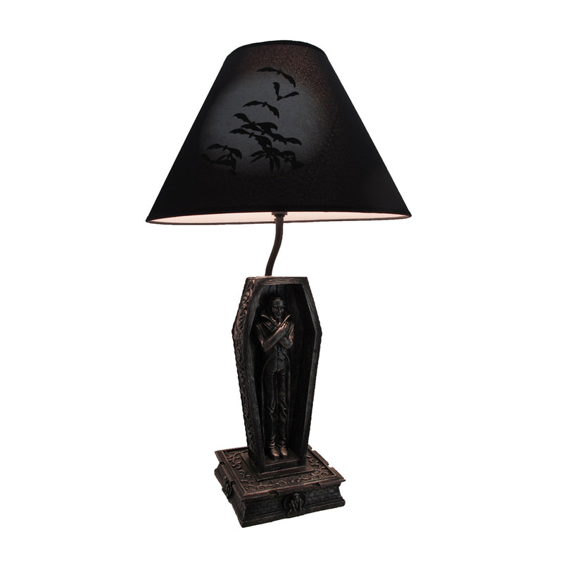 22-Inch Dark Dawning Vampire in Coffin Black Table Lamp - A Gothic Masterpiece with Eerie Charm and Bat Silhouette Fabric