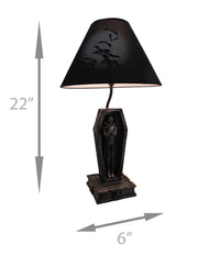 22-Inch Dark Dawning Vampire in Coffin Black Table Lamp - A Gothic Masterpiece with Eerie Charm and Bat Silhouette Fabric