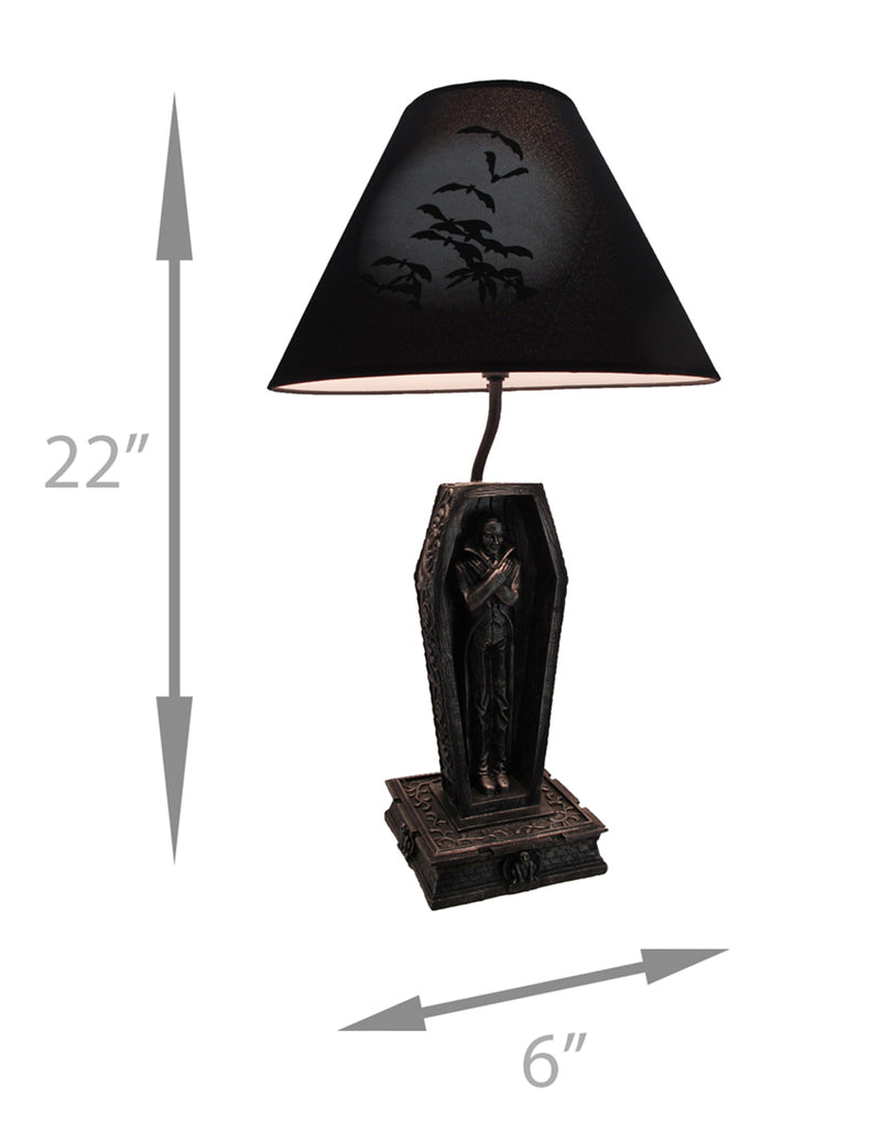 22-Inch Dark Dawning Vampire in Coffin Black Table Lamp - A Gothic Masterpiece with Eerie Charm and Bat Silhouette Fabric