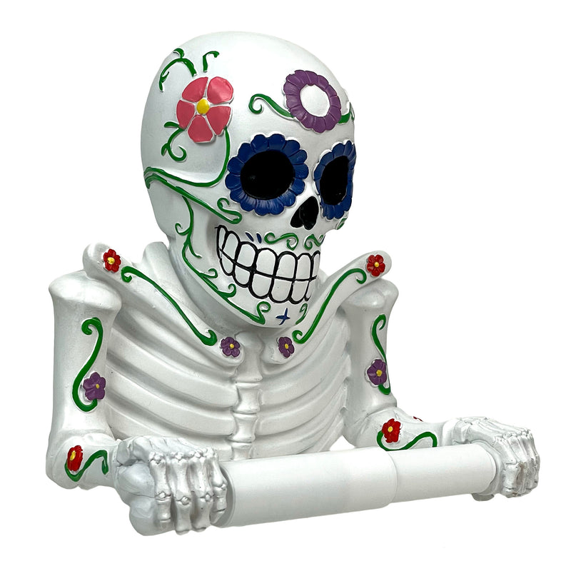 Día de los Muertos Vibrant Sugar Skull Skeleton Toilet Paper Holder - Whimsical Bathroom Tissue Dispenser and Novelty Home
