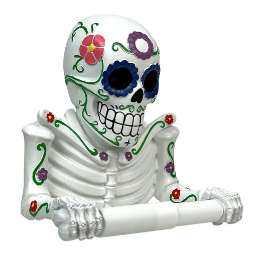 Sugar Skull Toilet Paper Holder, 8.5 Inch Day of the Dead Skeleton Image 2
