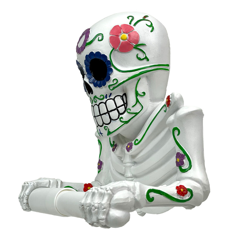 Día de los Muertos Vibrant Sugar Skull Skeleton Toilet Paper Holder - Whimsical Bathroom Tissue Dispenser and Novelty Home