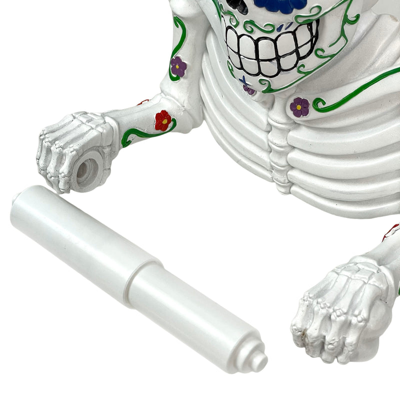 Día de los Muertos Vibrant Sugar Skull Skeleton Toilet Paper Holder - Whimsical Bathroom Tissue Dispenser and Novelty Home