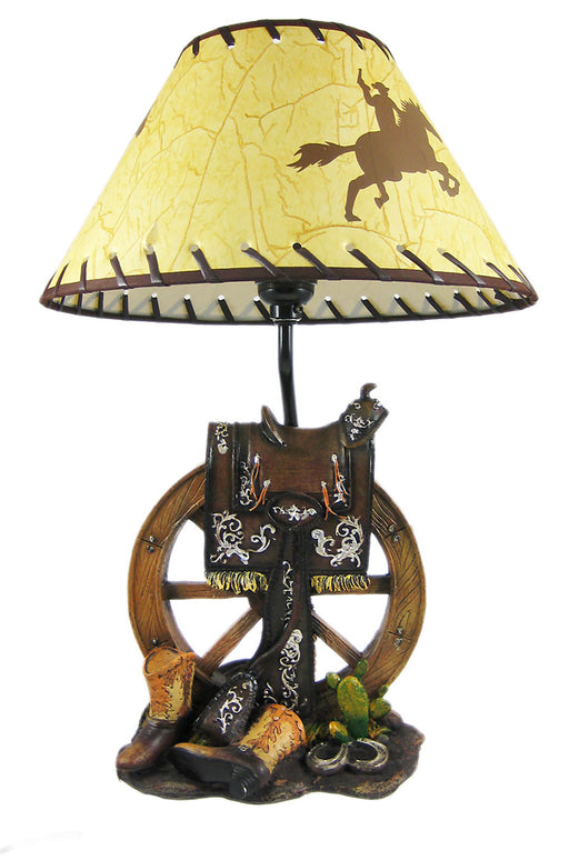 Western Saddle Resin Table Lamp with Beige Cowboy Print Shade - Perfect Bedroom Decor Accent - Standing Tall at 18 Inches -