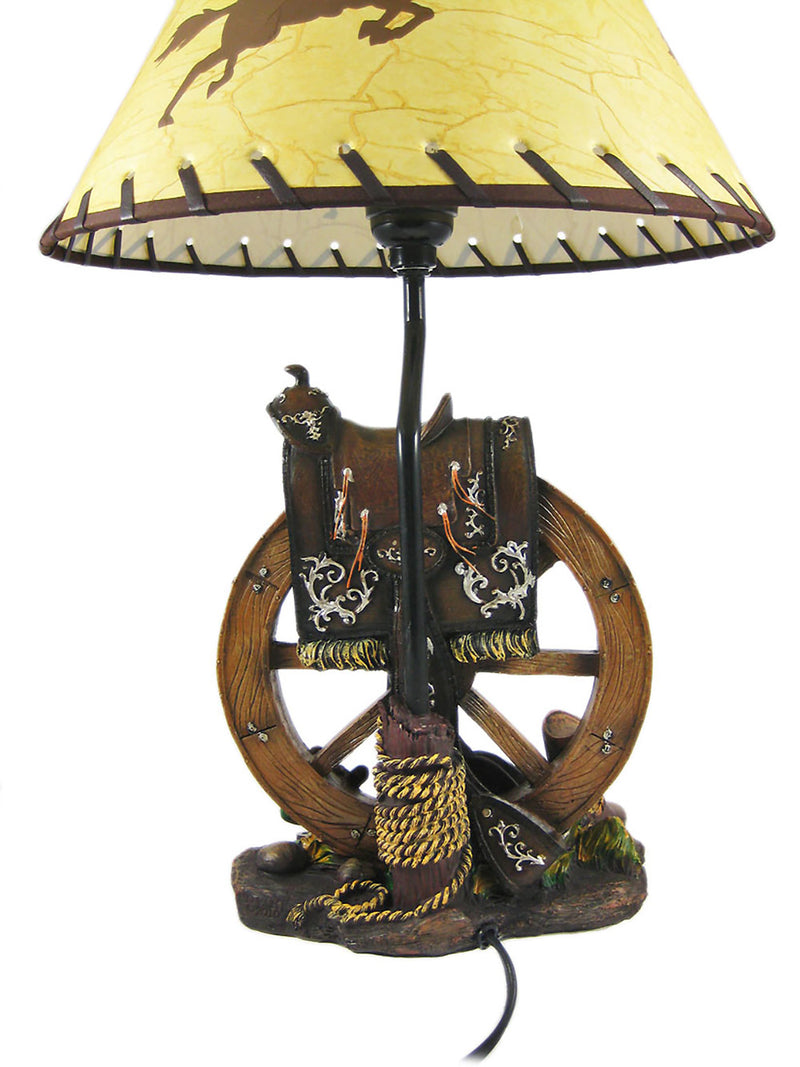 Western Saddle Resin Table Lamp with Beige Cowboy Print Shade - Perfect Bedroom Decor Accent - Standing Tall at 18 Inches -