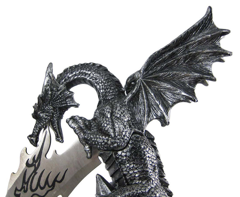 Wicked Fire-Breathing Dragon Stone Grey Knife Holder with Menacing-Looking Dagger - Unique Medieval Style Collectible Decor