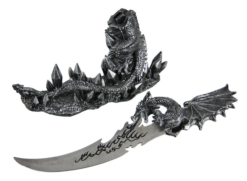 Wicked Fire-Breathing Dragon Stone Grey Knife Holder with Menacing-Looking Dagger - Unique Medieval Style Collectible Decor
