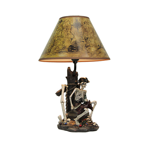 Set of Two 21 Inch Pirate Skeleton Caribbean Treasure Table Lamps with Treasure Map Shades - Nautical Bedroom Lights for