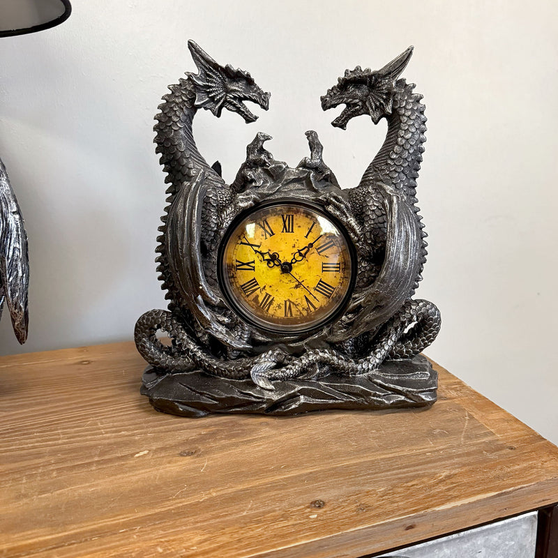 Twin Evil Dragons Antiqued Mantel Clock Image 4