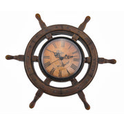 Vintage Nautical Ship Wheel Wall Clock – 11.5" Coastal Helm Decor, Anchor Face, Resin Wood Look, Quartz Movement, Beach House