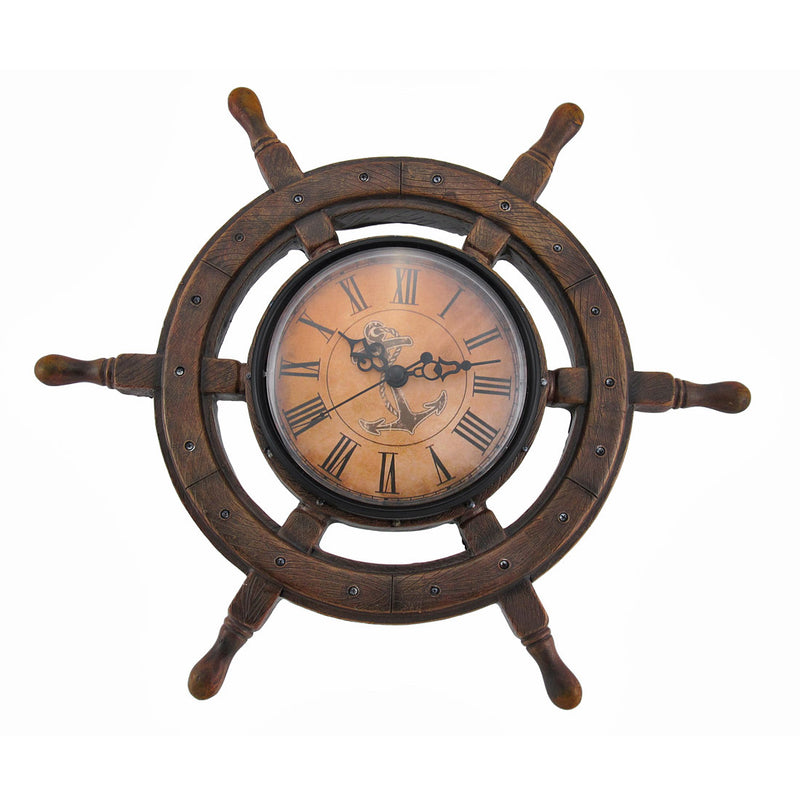 Vintage Nautical Ship Wheel Wall Clock – 11.5" Coastal Helm Decor, Anchor Face, Resin Wood Look, Quartz Movement, Beach House
