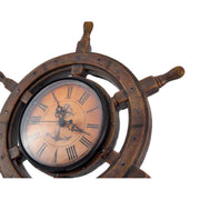 Vintage Nautical Ship Wheel Wall Clock – 11.5" Coastal Helm Decor, Anchor Face, Resin Wood Look, Quartz Movement, Beach House