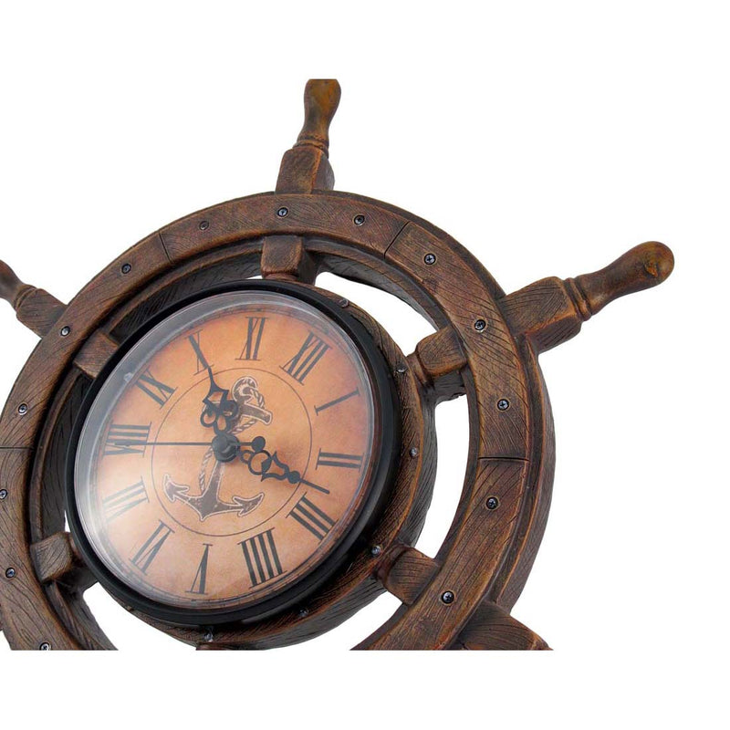 Vintage Nautical Ship Wheel Wall Clock – 11.5" Coastal Helm Decor, Anchor Face, Resin Wood Look, Quartz Movement, Beach House