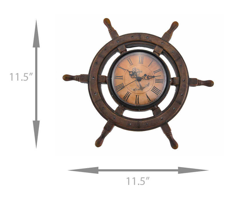 Vintage Nautical Ship Wheel Wall Clock – 11.5" Coastal Helm Decor, Anchor Face, Resin Wood Look, Quartz Movement, Beach House