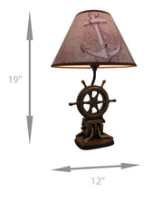 Captain's Destiny: Nautical Ship's Wheel Resin Table Lamp with Anchor Print Fabric Shade for Coastal, Beach or Pirate Themed