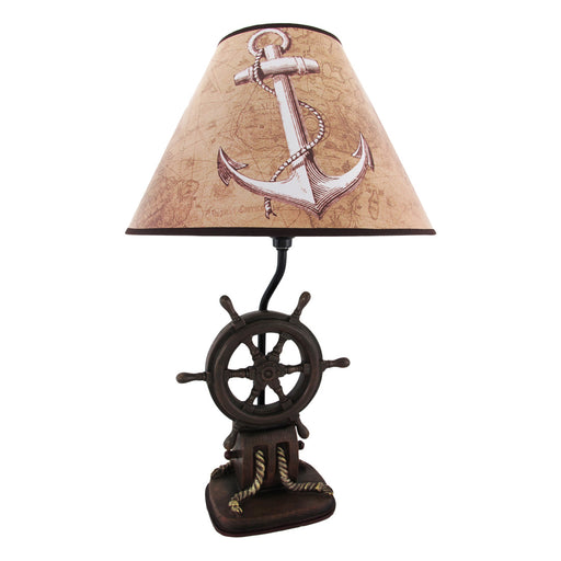 Captain's Destiny: Nautical Ship's Wheel Resin Table Lamp with Anchor Print Fabric Shade for Coastal, Beach or Pirate Themed