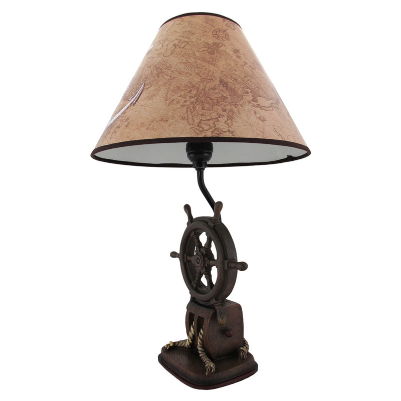 Captain's Destiny: Nautical Ship's Wheel Resin Table Lamp with Anchor Print Fabric Shade for Coastal, Beach or Pirate Themed