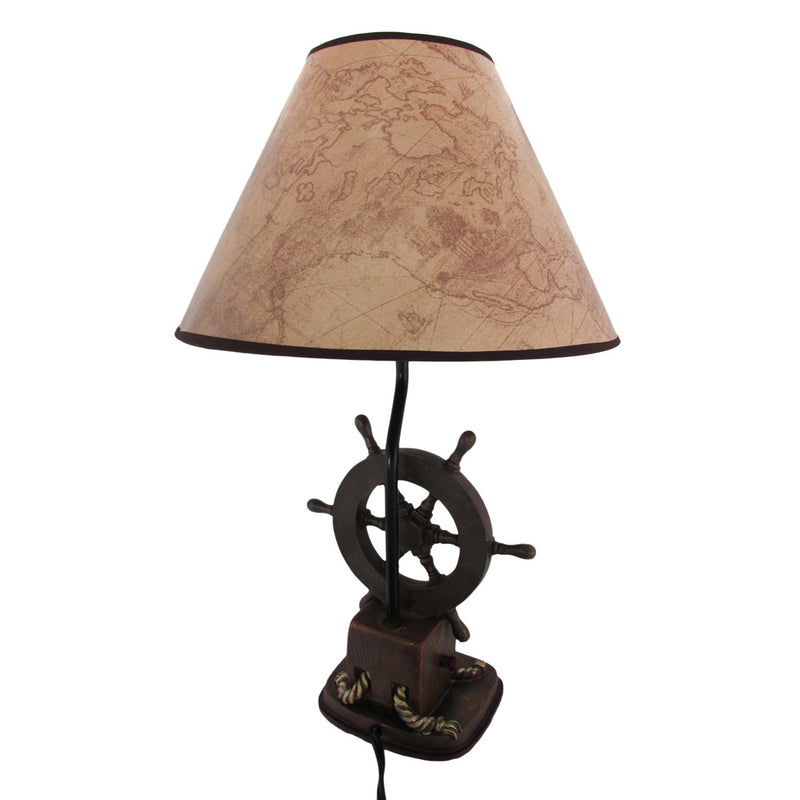 Captain's Destiny: Nautical Ship's Wheel Resin Table Lamp with Anchor Print Fabric Shade for Coastal, Beach or Pirate Themed
