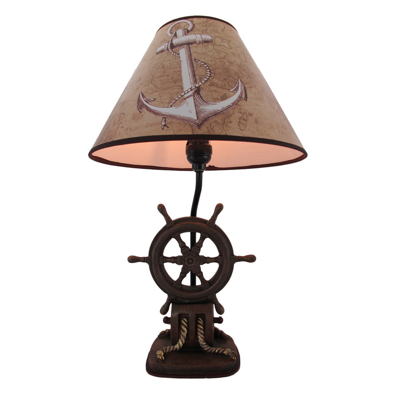 Captain's Destiny: Nautical Ship's Wheel Resin Table Lamp with Anchor Print Fabric Shade for Coastal, Beach or Pirate Themed