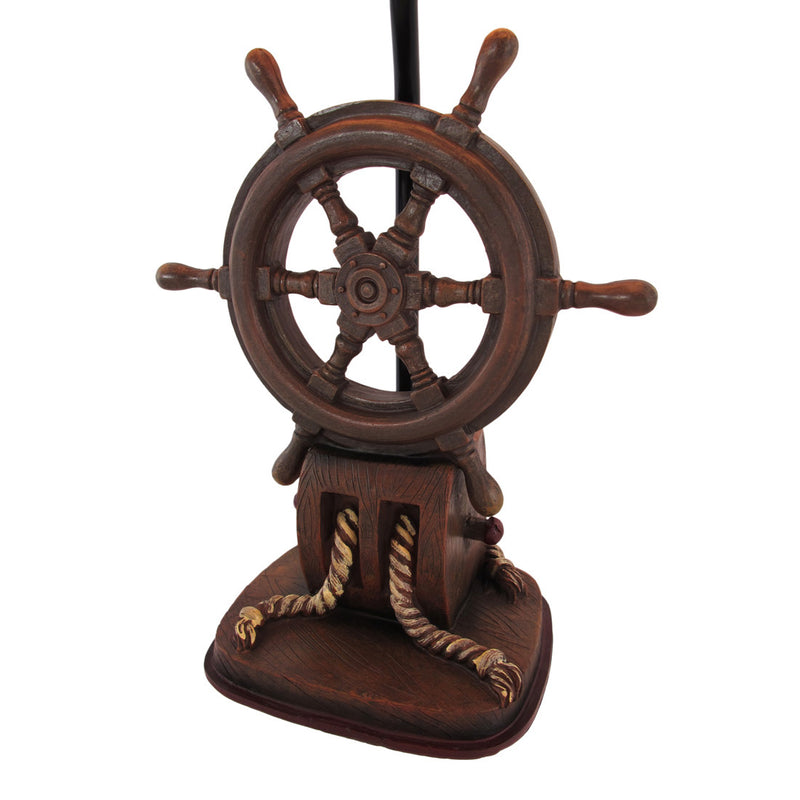 Captain's Destiny: Nautical Ship's Wheel Resin Table Lamp with Anchor Print Fabric Shade for Coastal, Beach or Pirate Themed