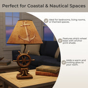 Captain's Destiny: Nautical Ship's Wheel Resin Table Lamp with Anchor Print Fabric Shade for Coastal, Beach or Pirate Themed
