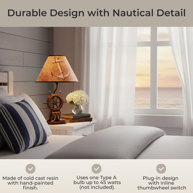 Captain's Destiny: Nautical Ship's Wheel Resin Table Lamp with Anchor Print Fabric Shade for Coastal, Beach or Pirate Themed