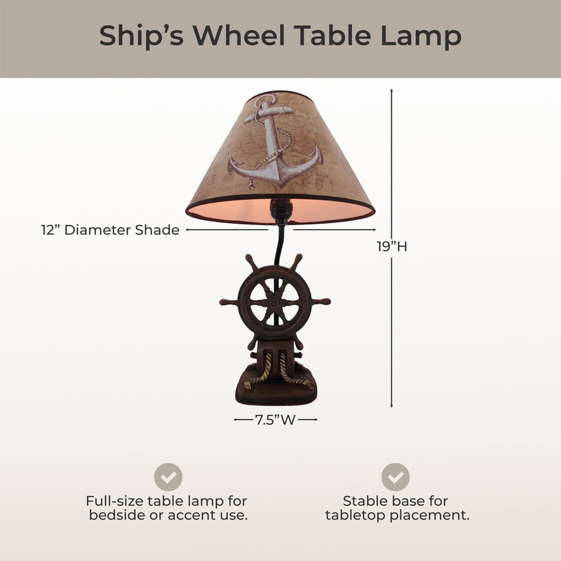Captain's Destiny: Nautical Ship's Wheel Resin Table Lamp with Anchor Print Fabric Shade for Coastal, Beach or Pirate Themed