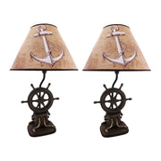 Captain's Destiny: Set of 2 Nautical Ship Wheel Resin Table Lamps with Anchor Shades - Coastal Bedroom Decor - 19 Inches High
