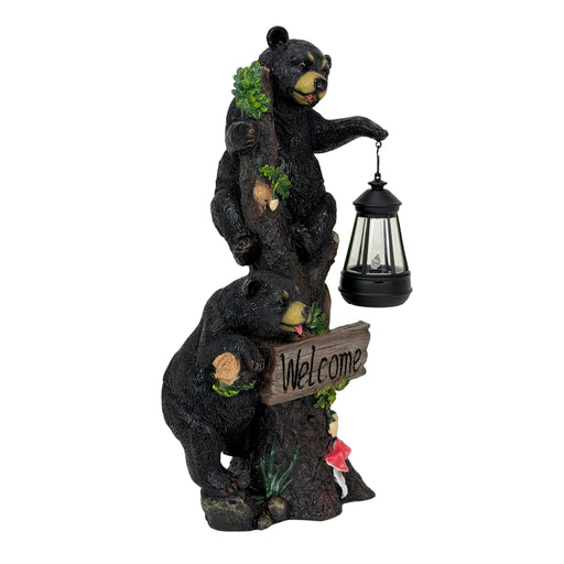 Bear Cubs Outdoor Statue, 19 Inch Climbing Tree Solar Welcome Light Image 2
