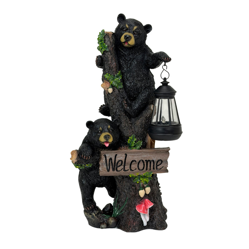 Bear Family - Image 1 - Bear Cubs Outdoor Statue, 19 Inch Climbing Tree Solar Welcome Light