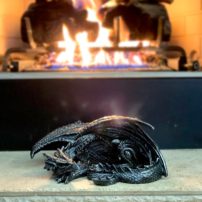 Somasaurus Metallic Black Sleeping Dragon Resin Statue – Gothic Fantasy Décor – 12 Inch Detailed Collectible Figurine for