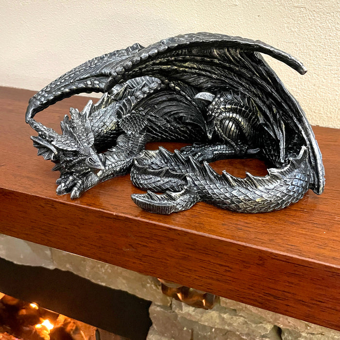 Somasaurus Metallic Black Sleeping Dragon Resin Statue – Gothic Fantasy Décor – 12 Inch Detailed Collectible Figurine for