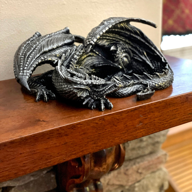 Somasaurus Metallic Black Sleeping Dragon Resin Statue – Gothic Fantasy Décor – 12 Inch Detailed Collectible Figurine for
