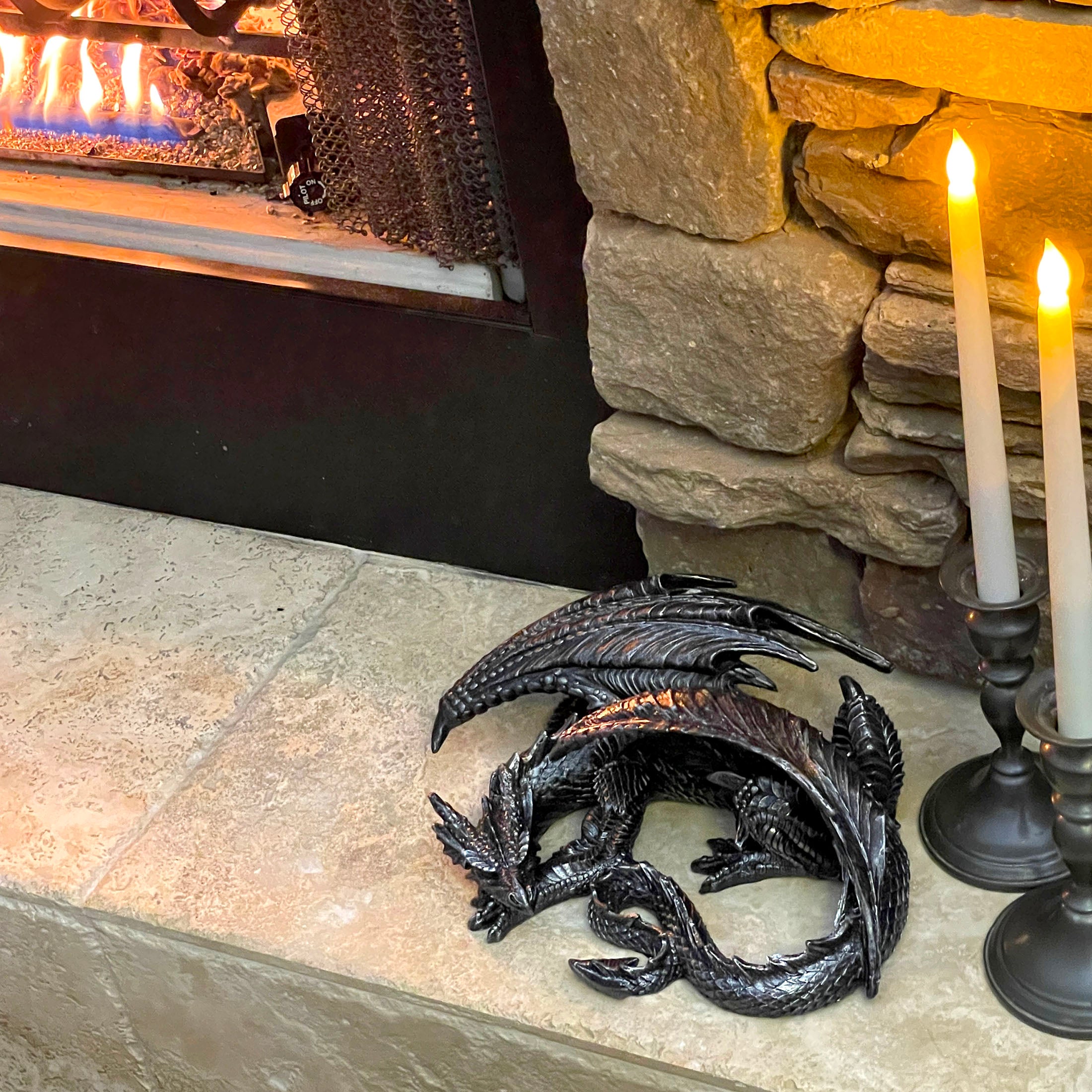 Somasaurus Metallic Black Gothic Sleeping Dragon Statue 12 in