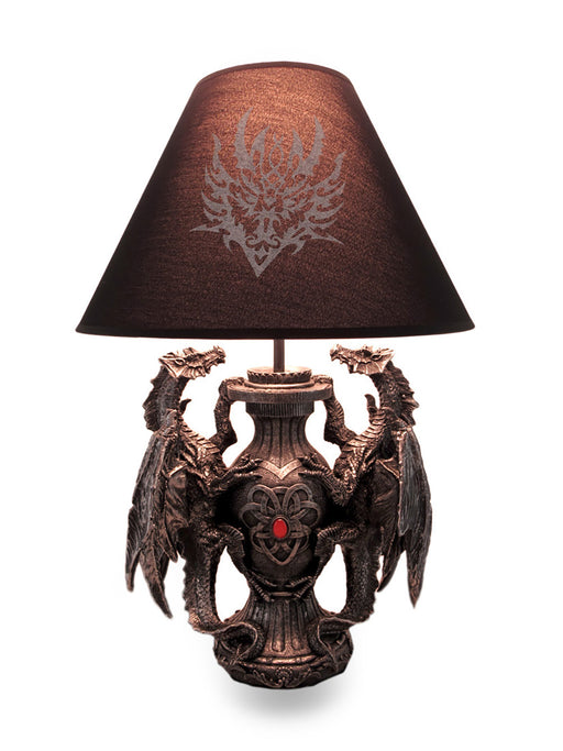 Gothic Guardians of Light Medieval Dragons Resin Table Lamp - Dark Fantasy - 19 Inches High - With Black Fabric Tribal Dragon