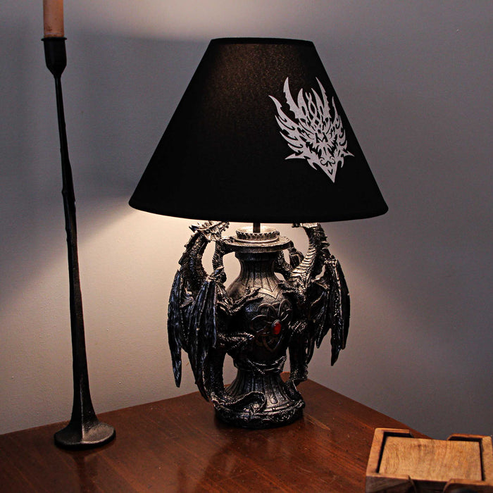 Gothic Guardians of Light Medieval Dragons Resin Table Lamp - Dark Fantasy - 19 Inches High - With Black Fabric Tribal Dragon