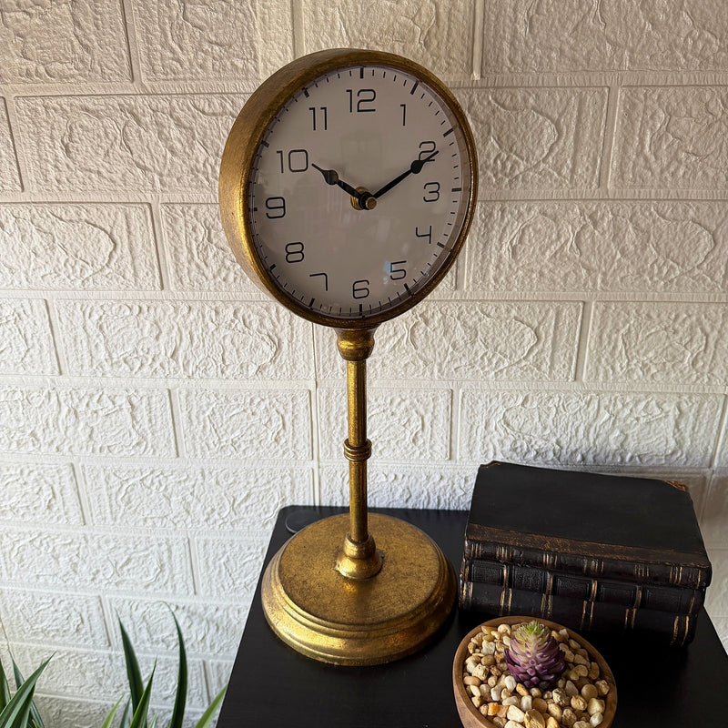 Things2Die4 Pedestal Table Clock with Dial, 15 Inch Tall Antique Gold Metal Image 4